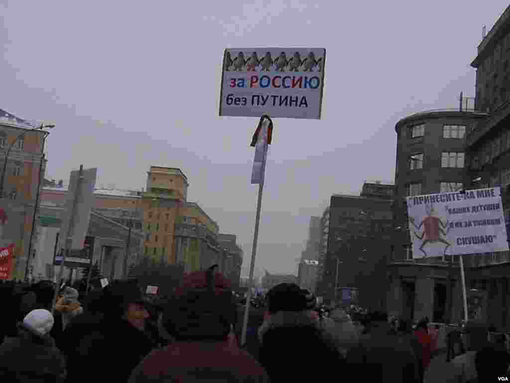 莫斯科游行中的标语，拥护没有普京的俄罗斯。(美国之音白桦拍摄)